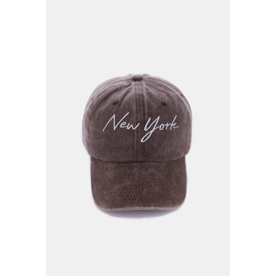 Zenana Washed Embroidered City Baseball Cap New York Brown / One Size Apparel and Accessories