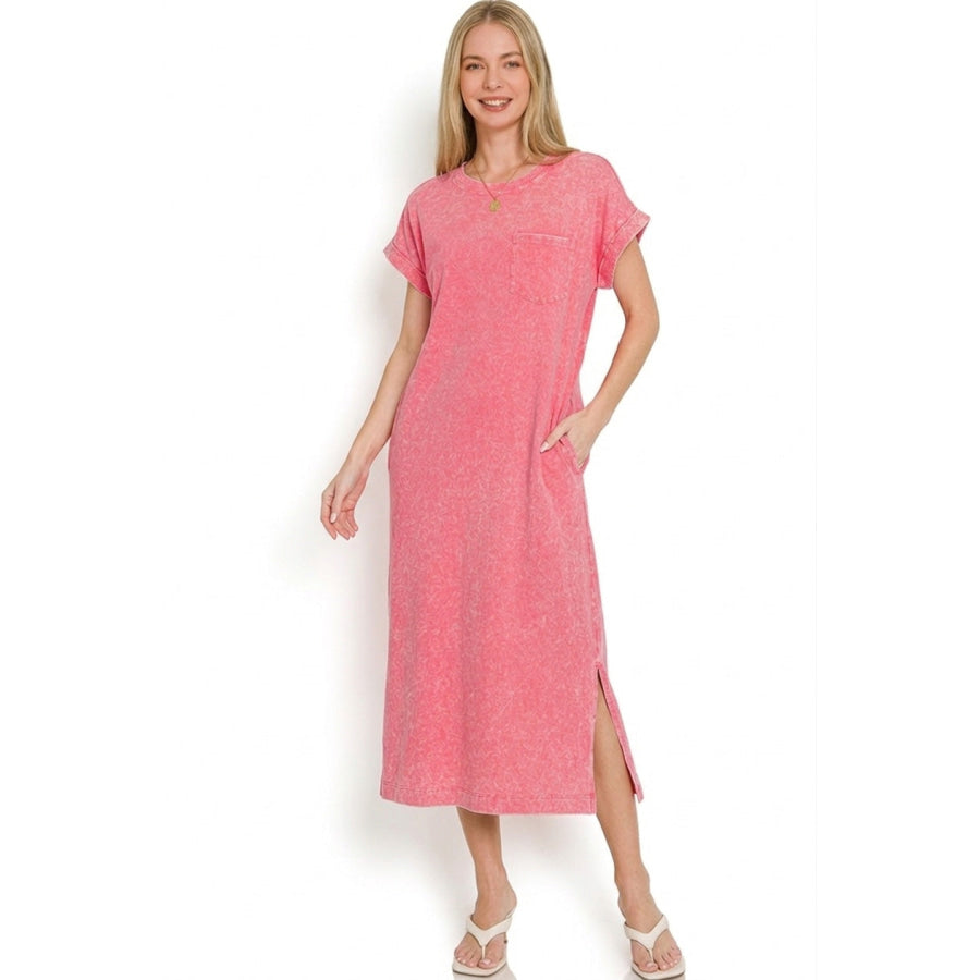 Zenana Washed Exposed Seam Short Sleeve T-Shirt Dress Apparel and Accessories