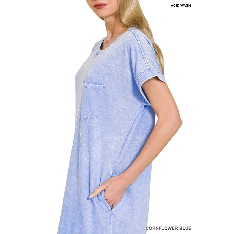 Zenana Washed Exposed Seam Short Sleeve T-Shirt Dress CORNFLOWER BLUE / S Apparel and Accessories