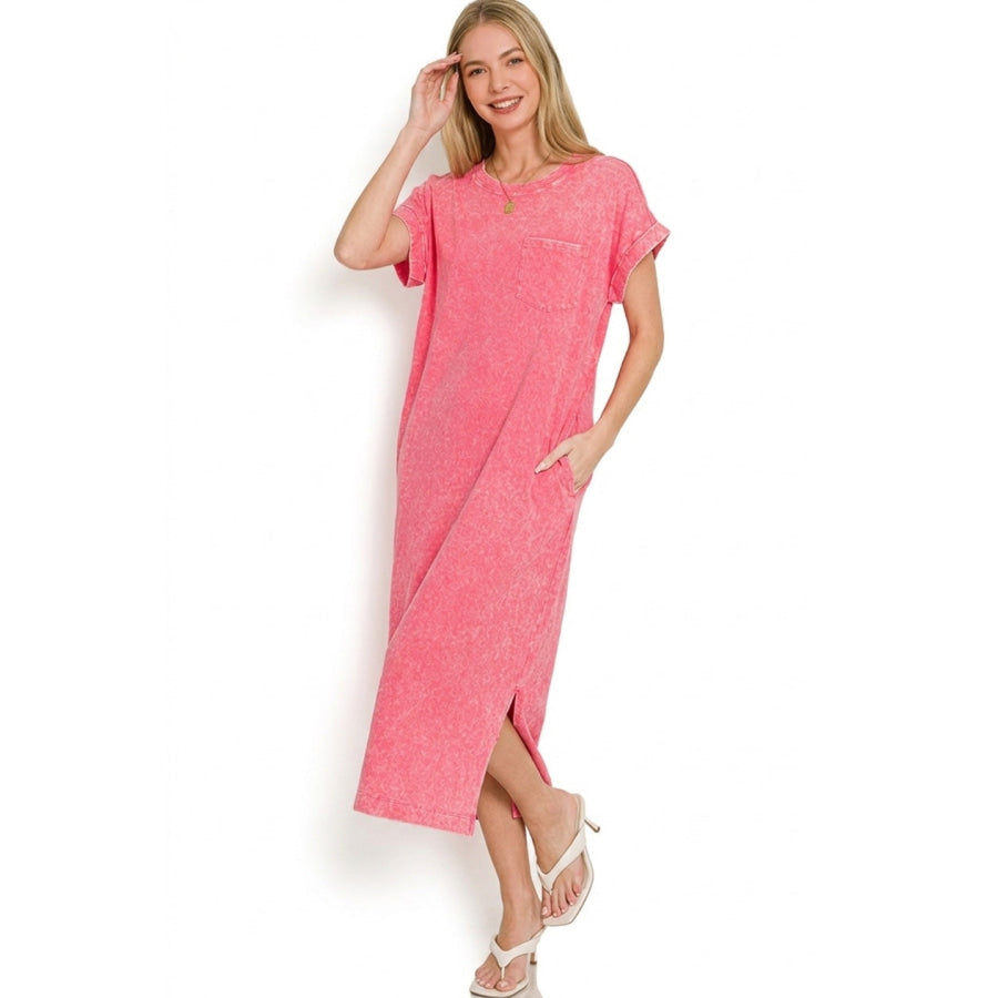 Zenana Washed Exposed Seam Short Sleeve T-Shirt Dress FUCHSIA / S Apparel and Accessories