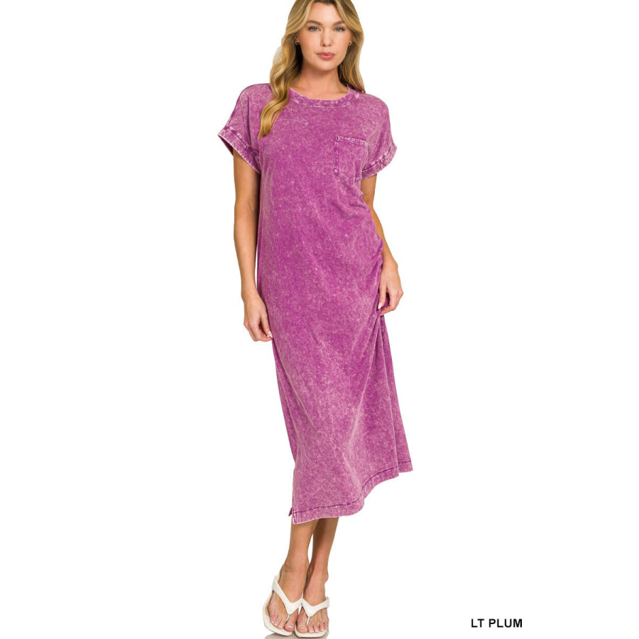 Zenana Washed Exposed Seam Short Sleeve T-Shirt Dress LT PLUM / S Apparel and Accessories