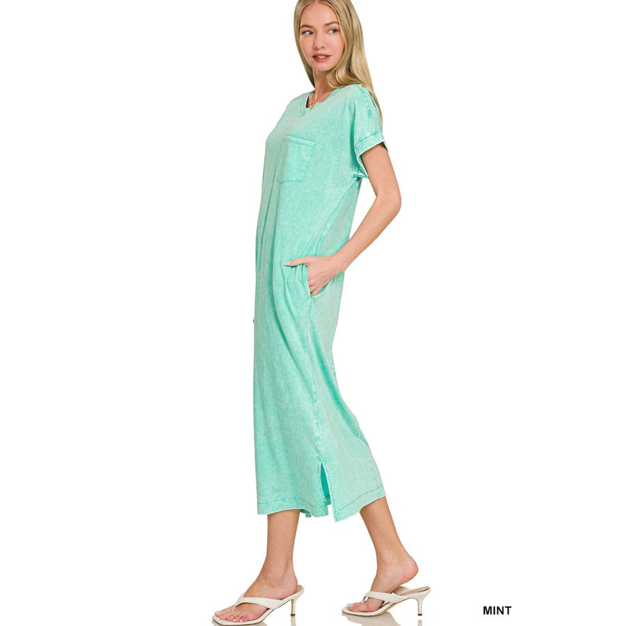 Zenana Washed Exposed Seam Short Sleeve T-Shirt Dress MINT / S Apparel and Accessories