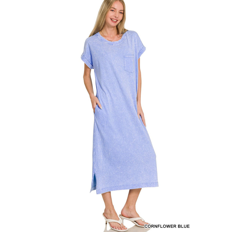 Zenana Washed Exposed Seam Short Sleeve T-Shirt Dress CORNFLOWER BLUE / S Apparel and Accessories