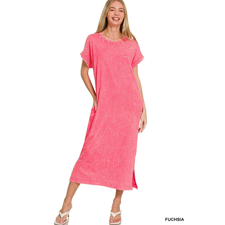 Zenana Washed Exposed Seam Short Sleeve T-Shirt Dress FUCHSIA / S Apparel and Accessories