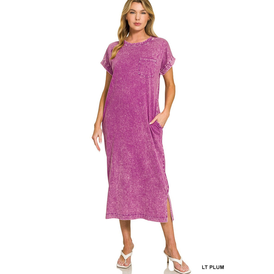 Zenana Washed Exposed Seam Short Sleeve T-Shirt Dress LT PLUM / S Apparel and Accessories