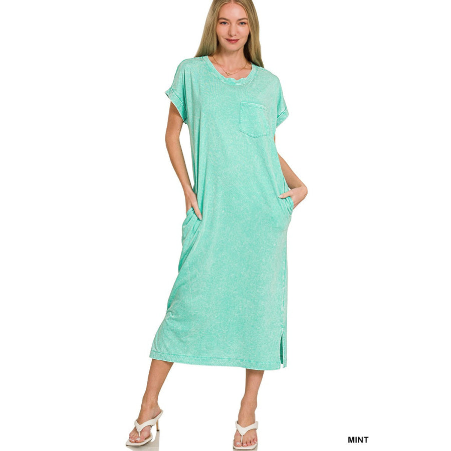 Zenana Washed Exposed Seam Short Sleeve T-Shirt Dress MINT / S Apparel and Accessories
