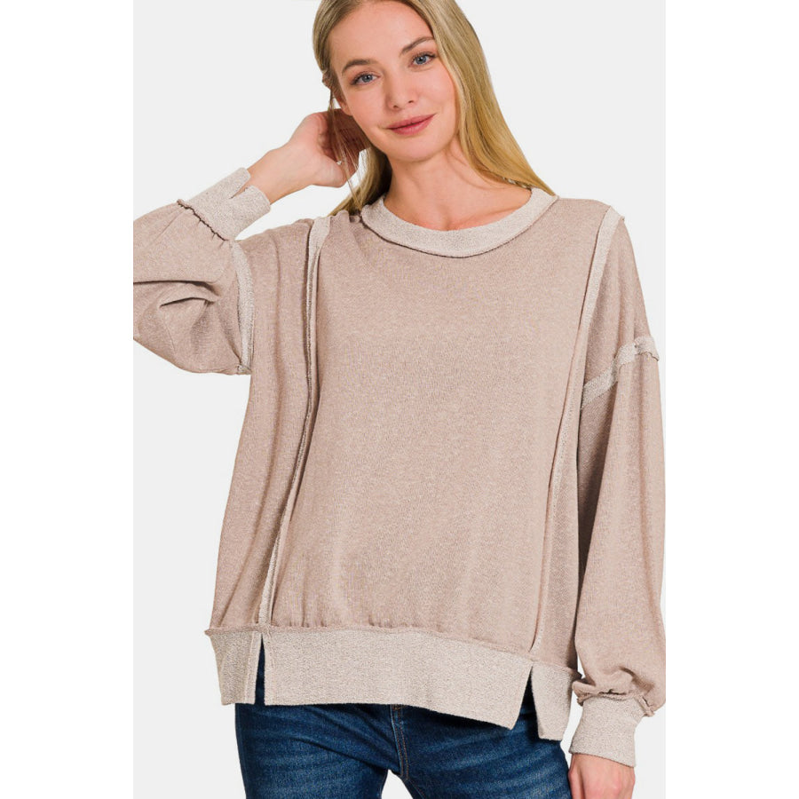 Zenana Washed Exposed-Seam Sweatshirt Ash Mocha / S Shirts &amp; Tops