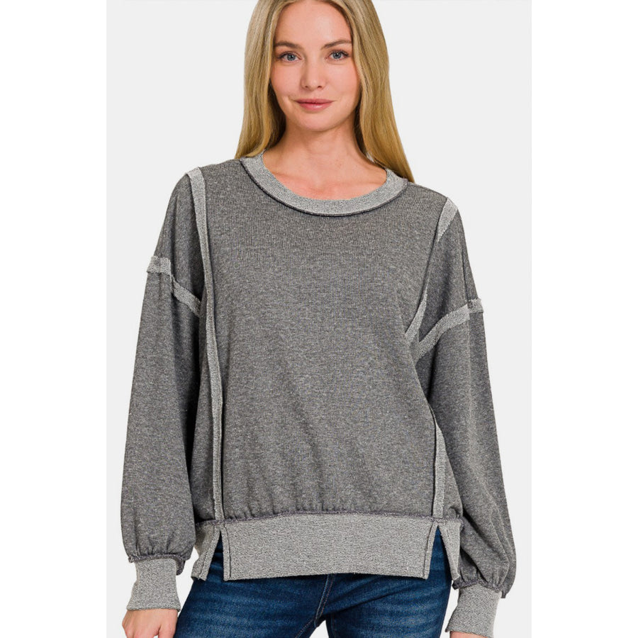 Zenana Washed Exposed-Seam Sweatshirt Grey / S Apparel and Accessories