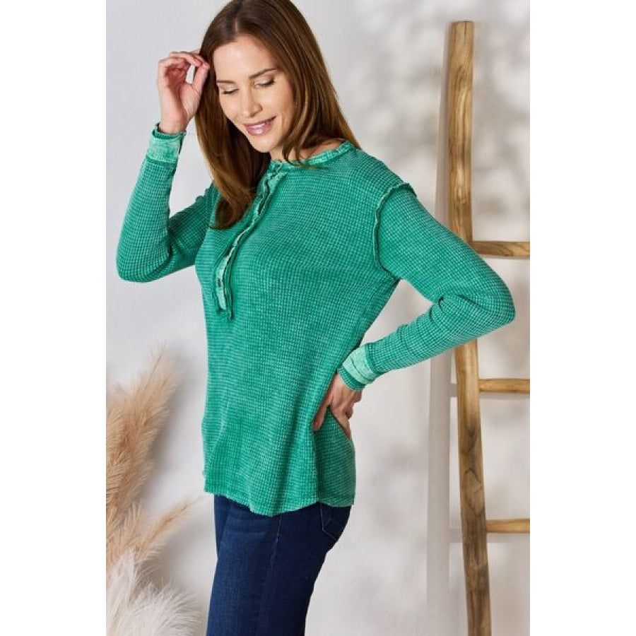 Zenana Washed Half Button Exposed Seam Waffle Top Clothing