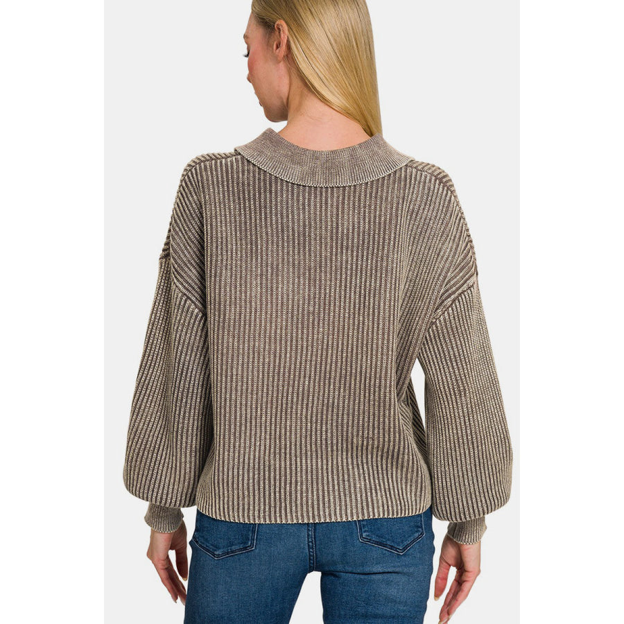 Zenana Washed Half Button Long Sleeve Sweater Apparel and Accessories