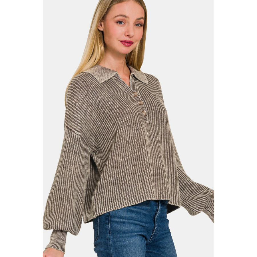 Zenana Washed Half Button Long Sleeve Sweater Apparel and Accessories