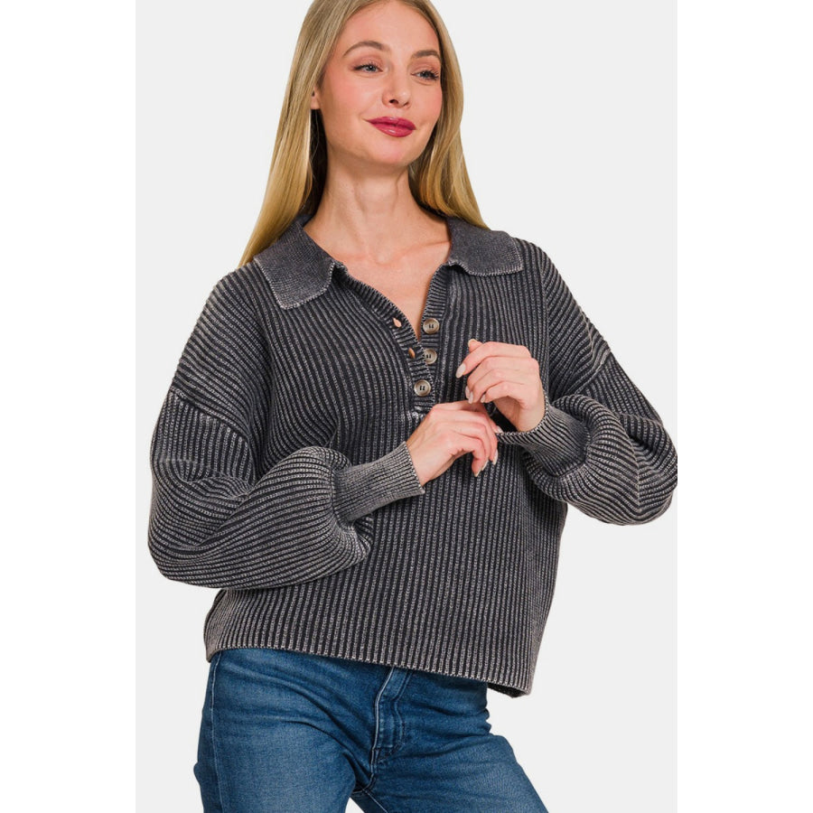Zenana Washed Half Button Long Sleeve Sweater Black / S Apparel and Accessories