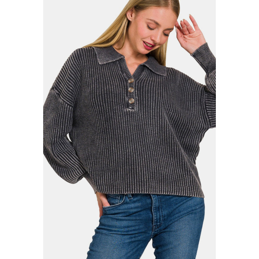 Zenana Washed Half Button Long Sleeve Sweater Apparel and Accessories