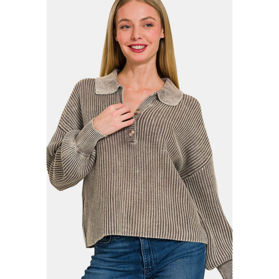 Zenana Washed Half Button Long Sleeve Sweater Mocha / S Apparel and Accessories