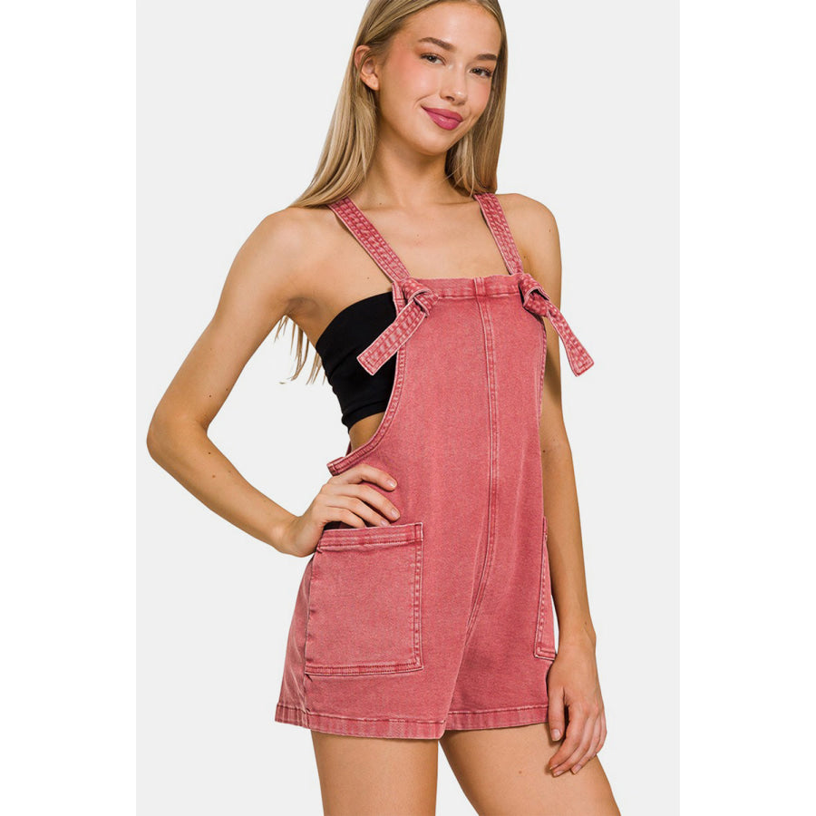 Zenana Washed Knot Strap Rompers CABERNET / S Apparel and Accessories