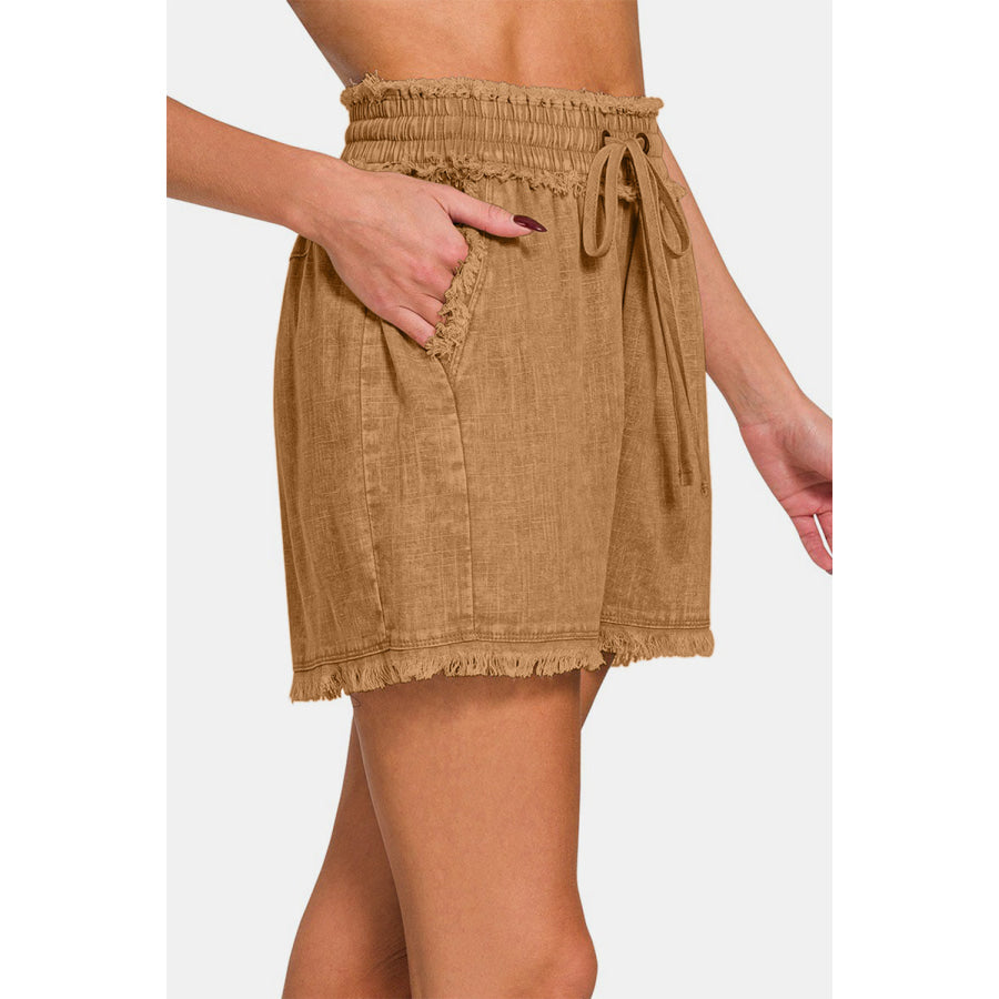 Zenana Washed Linen Frayed Hem Drawstring Shorts Apparel and Accessories