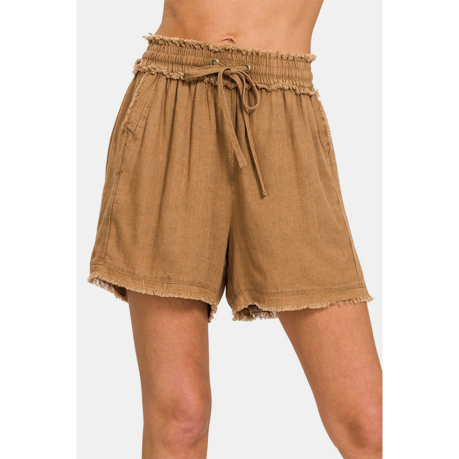 Zenana Washed Linen Frayed Hem Drawstring Shorts Deep Camel / S Apparel and Accessories