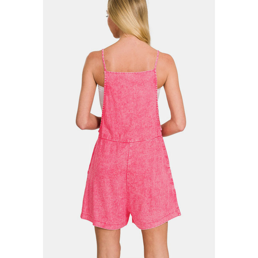 Zenana Washed Linen Knot Strap Rompers FUCHSIA / S Apparel and Accessories