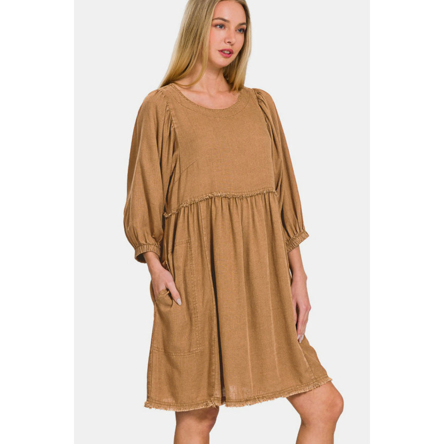Zenana Washed Linen Pleated Puff Sleeve Babydoll Dress Deep Camel / S Apparel and Accessories