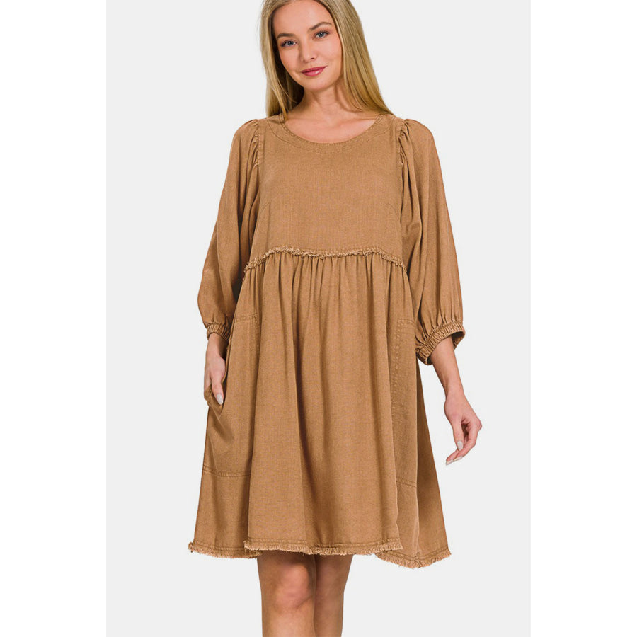 Zenana Washed Linen Pleated Puff Sleeve Babydoll Dress Deep Camel / S Apparel and Accessories