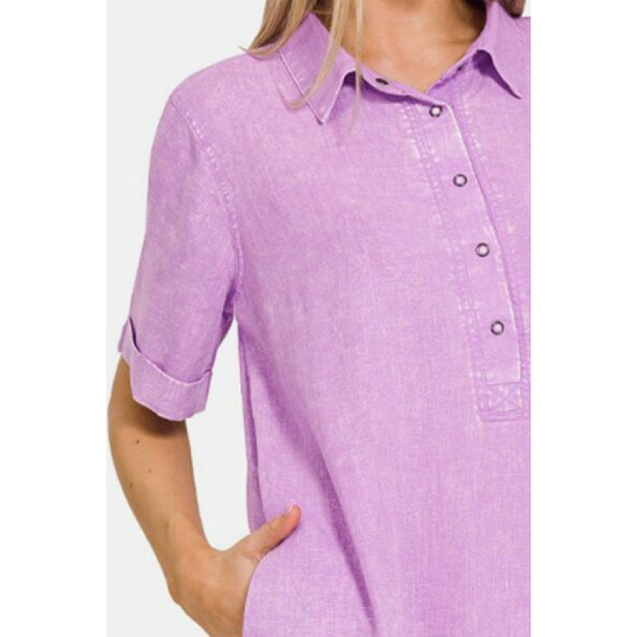 Zenana Washed Linen Raw Hem Dress with Pockets BLAVENDER / S Apparel and Accessories