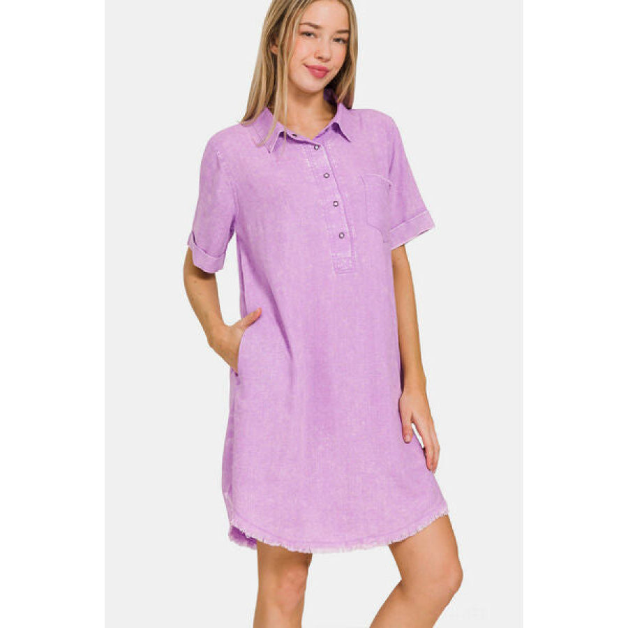 Zenana Washed Linen Raw Hem Dress with Pockets BLAVENDER / S Apparel and Accessories