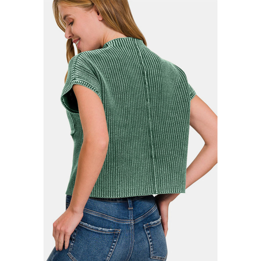 Zenana Washed Mock Neck Short Sleeve Cropped Sweater Dk Green / S/M Apparel and Accessories