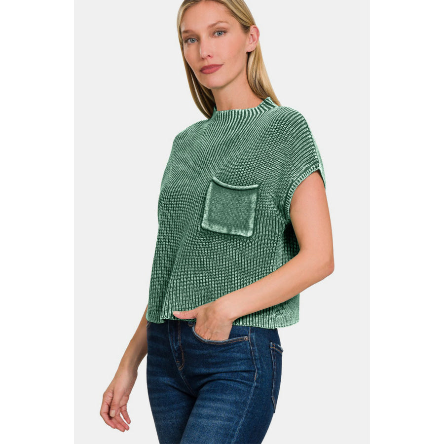 Zenana Washed Mock Neck Short Sleeve Cropped Sweater Apparel and Accessories