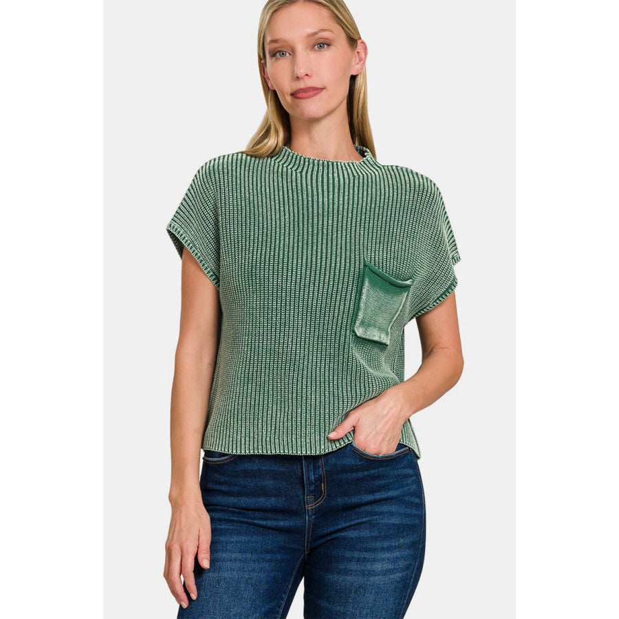 Zenana Washed Mock Neck Short Sleeve Cropped Sweater Dk Green / S/M Apparel and Accessories