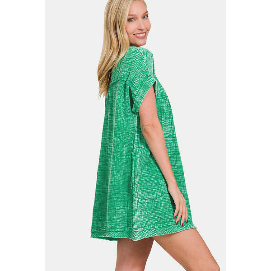 Zenana Washed Notched Short Sleeve Mini Dress Apparel and Accessories