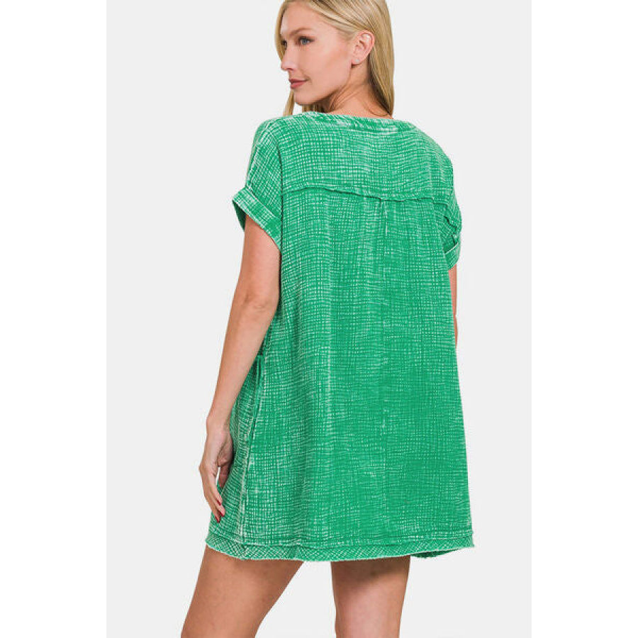Zenana Washed Notched Short Sleeve Mini Dress Apparel and Accessories