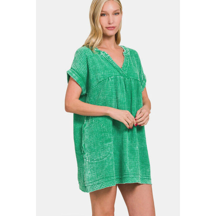 Zenana Washed Notched Short Sleeve Mini Dress KGREEN / S Apparel and Accessories