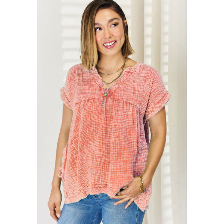 Zenana Washed Raw Hem Short Sleeve Blouse with Pockets CORAL / S Apparel and Accessories