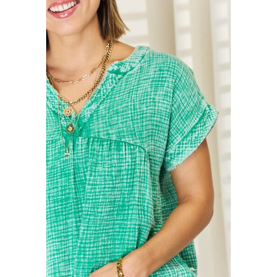 Zenana Washed Raw Hem Short Sleeve Blouse with Pockets Apparel and Accessories