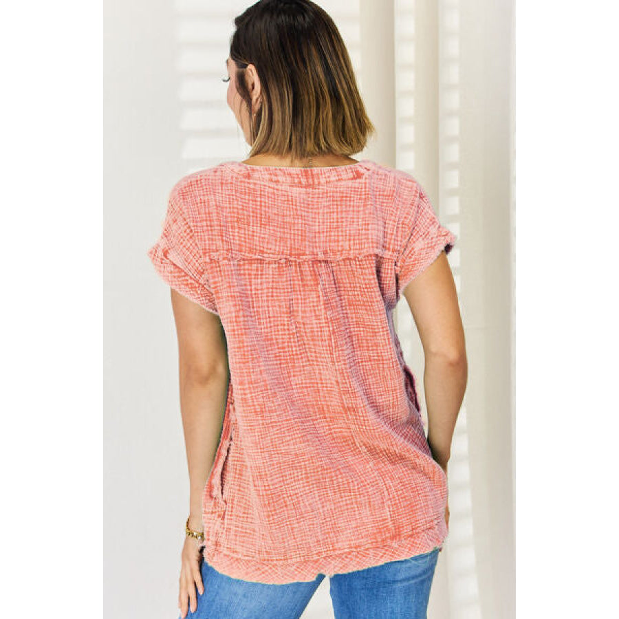 Zenana Washed Raw Hem Short Sleeve Blouse with Pockets Apparel and Accessories