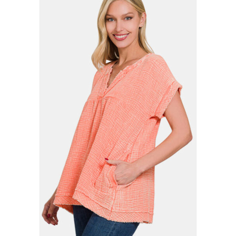 Zenana Washed Raw Hem Short Sleeve Blouse with Pockets CORAL / S Apparel and Accessories