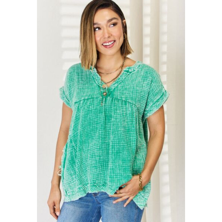 Zenana Washed Raw Hem Short Sleeve Blouse with Pockets Kelly Green / S Apparel and Accessories