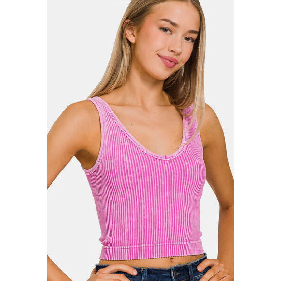 Zenana Washed Ribbed Cropped Tank BRIGHTMAUVE / S/M Apparel and Accessories
