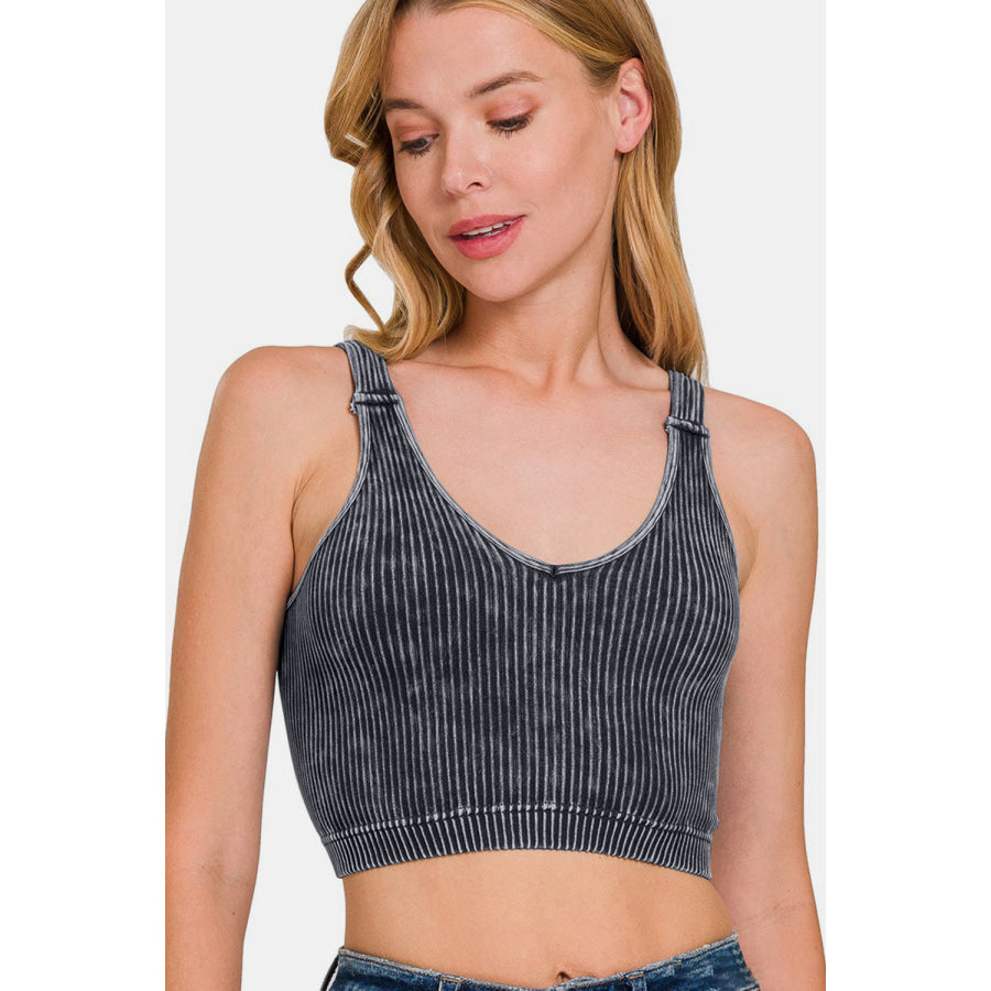 Zenana Washed Ribbed Cropped V-Neck Tank Apparel and Accessories