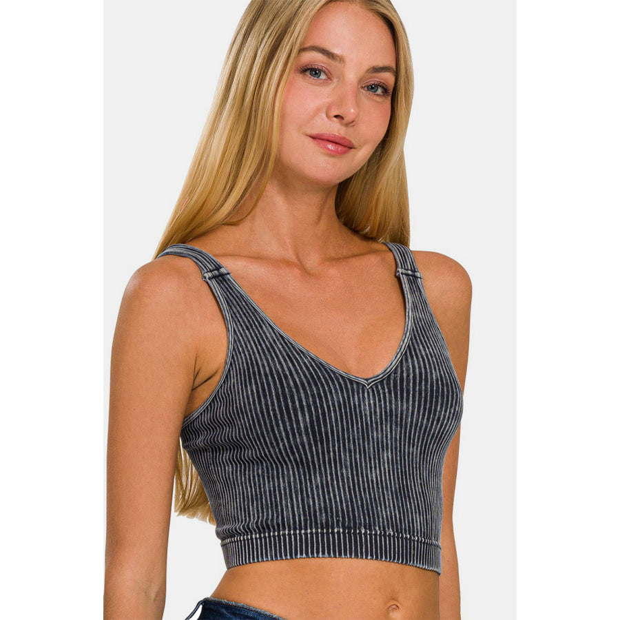 Zenana Washed Ribbed Cropped V-Neck Tank Ash Black / S/M Apparel and Accessories
