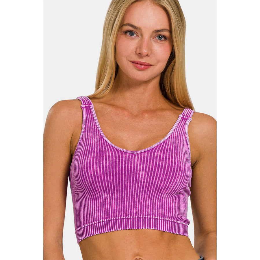 Zenana Washed Ribbed Cropped V-Neck Tank Lt Plum / S/M Apparel and Accessories