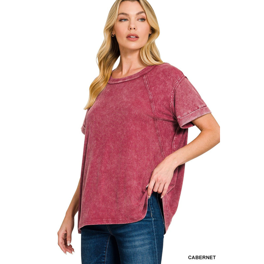 Zenana Washed Ribbed Cuffed Short Sleeve Round Neck Top CABERNET / S/M Apparel and Accessories