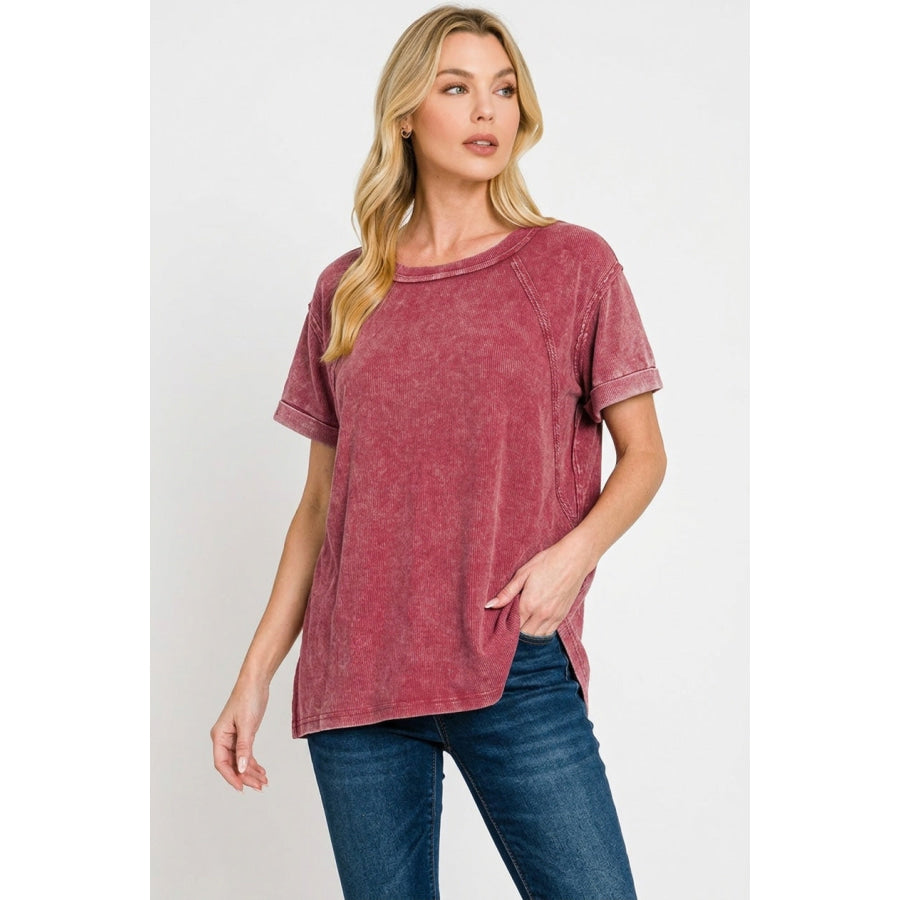 Zenana Washed Ribbed Cuffed Short Sleeve Round Neck Top Apparel and Accessories