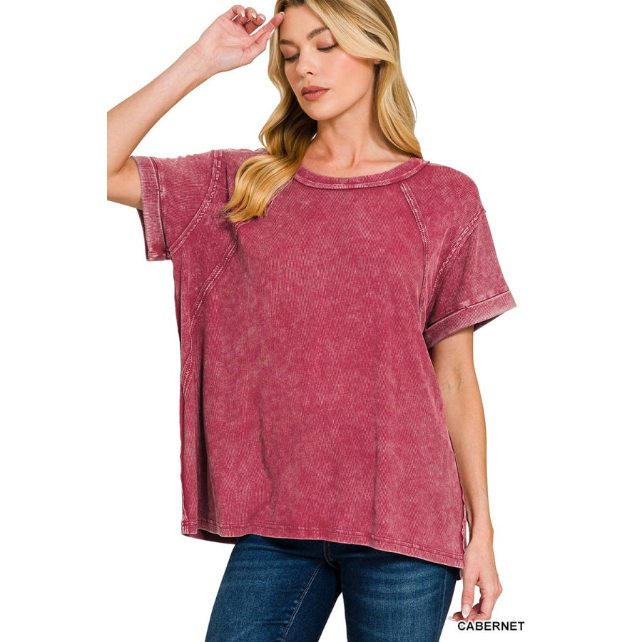 Zenana Washed Ribbed Cuffed Short Sleeve Round Neck Top CABERNET / S/M Apparel and Accessories