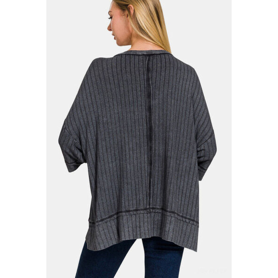 Zenana Washed Ribbed Drop Shoulder Half Sleeve Top ASHBLACK / S/M Apparel and Accessories