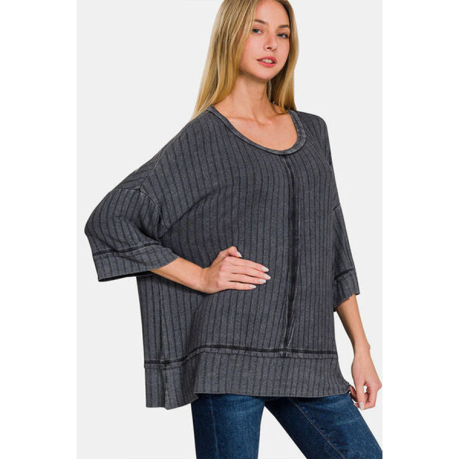 Zenana Washed Ribbed Drop Shoulder Half Sleeve Top ASHBLACK / S/M Apparel and Accessories