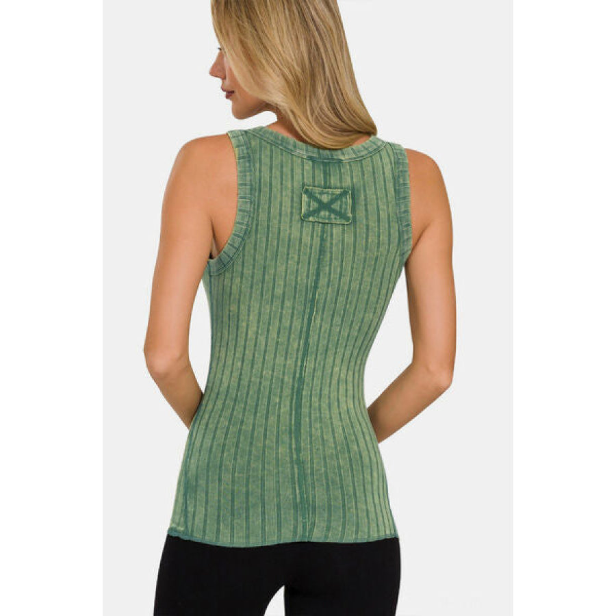 Zenana Washed Ribbed Half Snap Henry Tank DKGREEN / S Apparel and Accessories