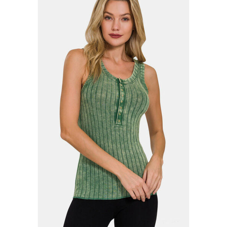 Zenana Washed Ribbed Half Snap Henry Tank Apparel and Accessories