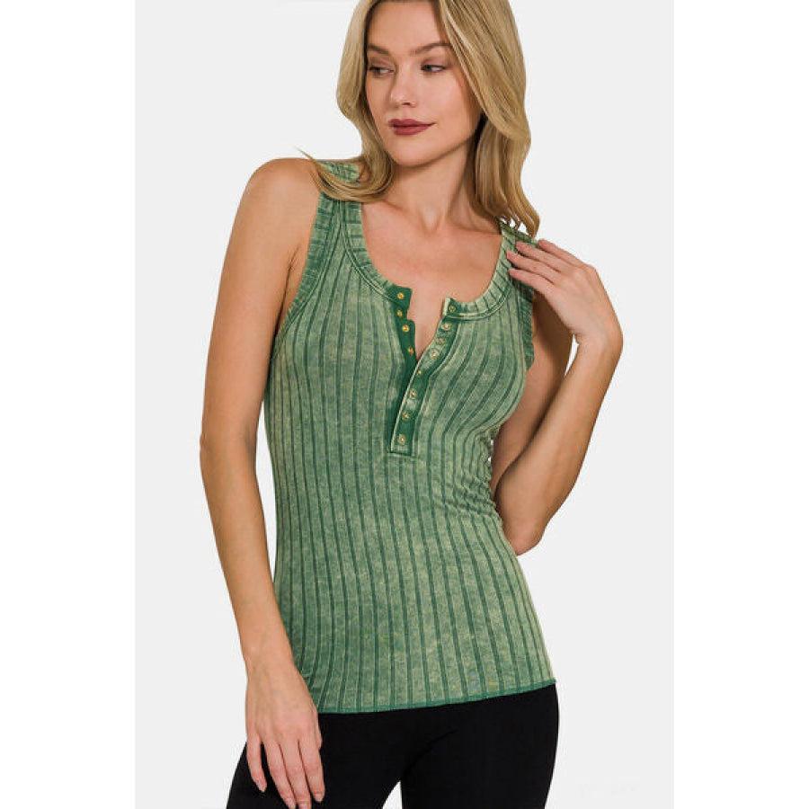 Zenana Washed Ribbed Half Snap Henry Tank DKGREEN / S Apparel and Accessories