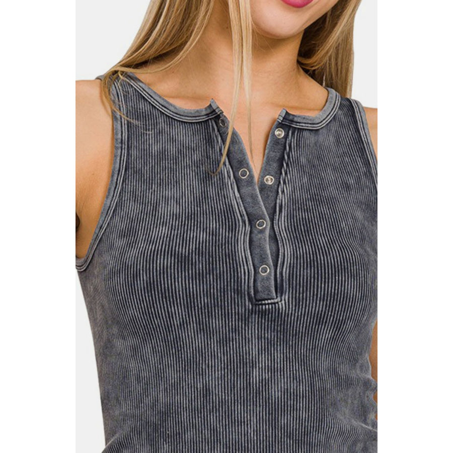 Zenana Washed Ribbed Half Snap Seamless Tank Apparel and Accessories